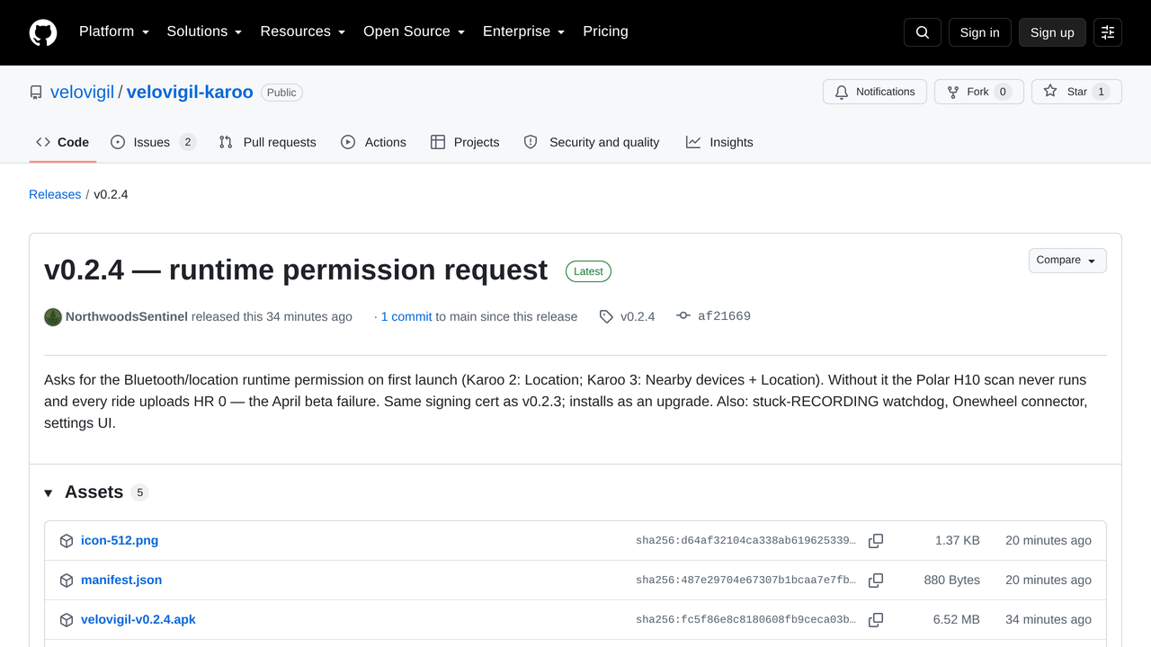 The v0.3.2 release page on GitHub with the APK to download